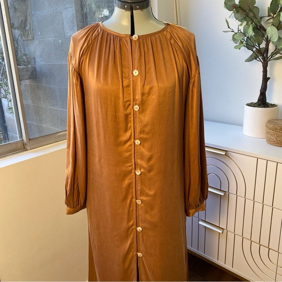 SANCIA Button-Front Midi Dress in Caramel Satin, Size S, NWT - Picture 3 of 10